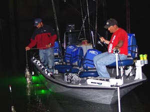 Anglers night fishing in a boat