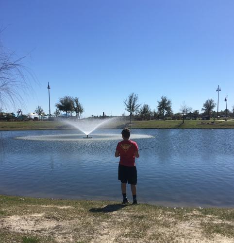 Fishing from the edge of a private pond
