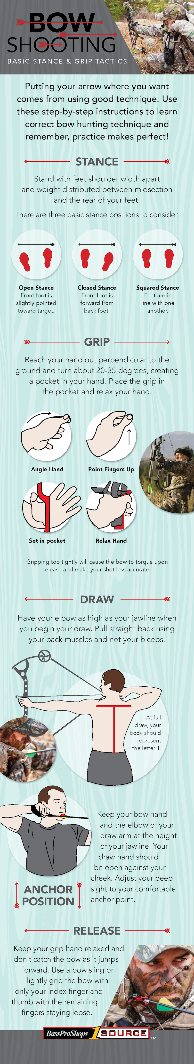 Bow Shooting stance & grip tactics showing how to place your feet, how to grip, how to draw the bow & release the arrow. 