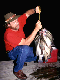 Crappie angler holding up his night fishing catch