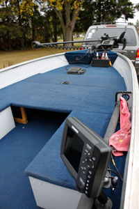 Boat deck with blue carpet