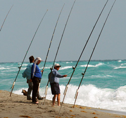 Three surf anglers on the beach fishing
