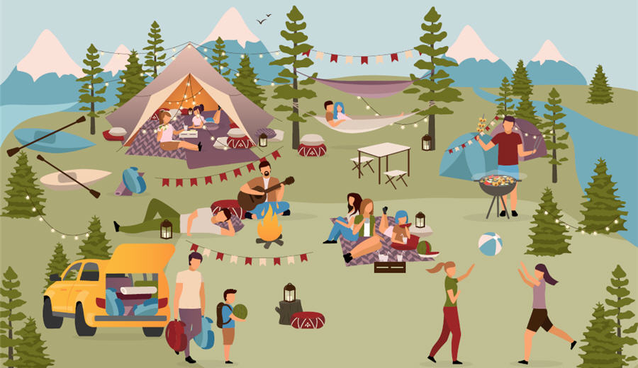 Illustration of different camping activities