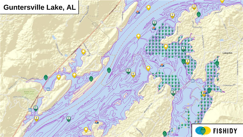 Map of Guntersville Lake, Alabama with fishing reports and hot spots