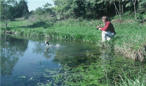 Landowner fishing bass in pond