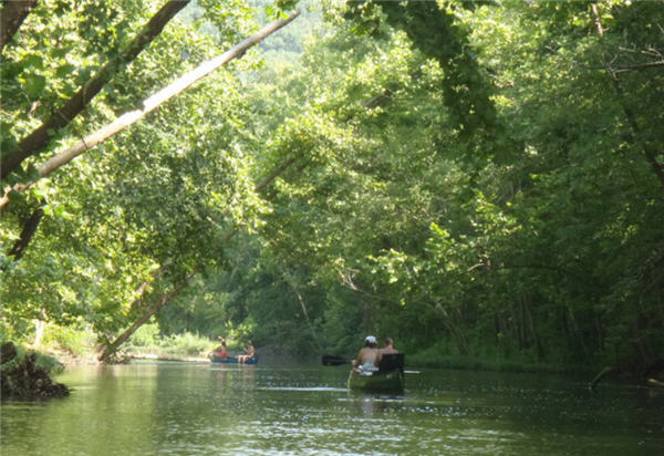 River floating four people in two canoes in the summer under the lush green canopy of the Jacks Fork River, Missouri