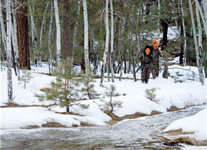 Two hunters walking in the snow