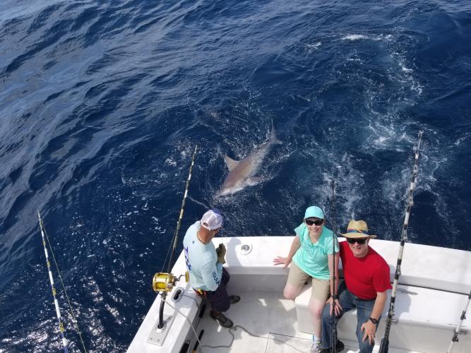 Three anglers sitting on the back edge of the boat looking up as a shark follows the camera angle is shot from above