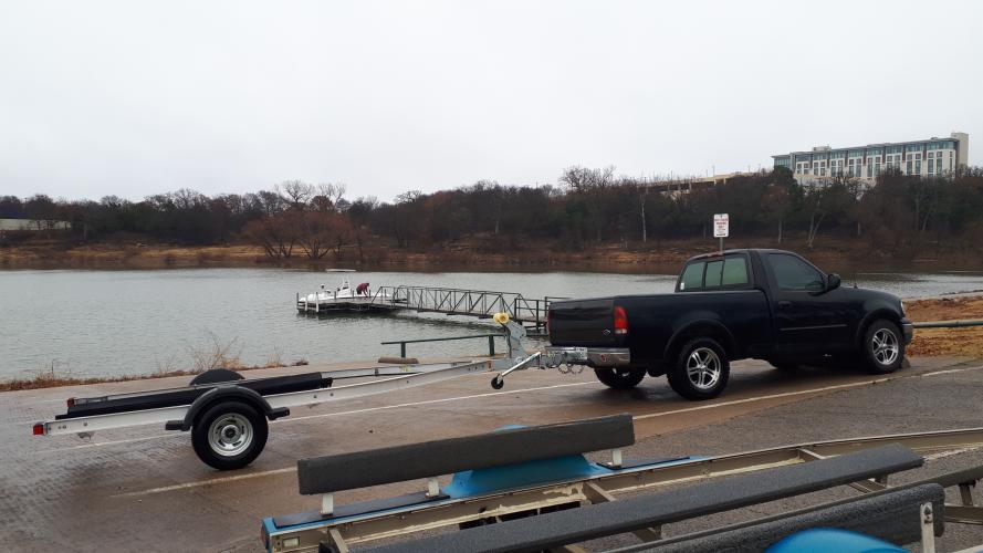 Grapevine Lake, Texas boat ramp with truck and boat trailers