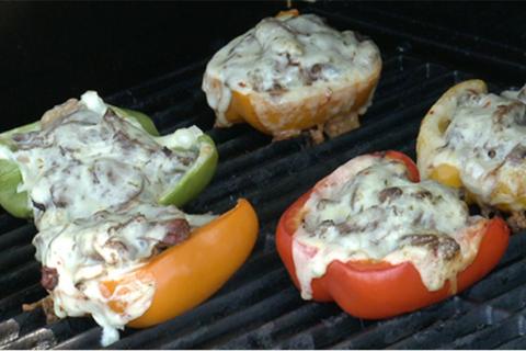 Red, yellow & green peppers with duck stuffing