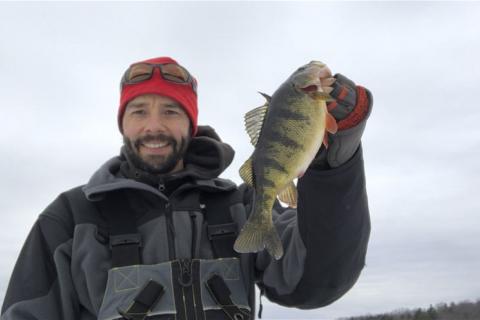 Tim Allard with a perch caught jigging a deep flat....