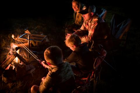 family gathered around campfire cooking smores at night