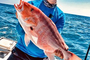 Angler holding up a large saltwater Red Snapper