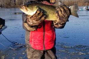 Boy ice angler with a largemouth bass