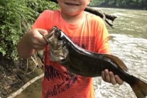 Young boy on a river bank holding up the fish he caught