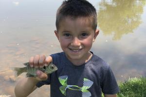 Boy angler on water edge holding tiny bluegill