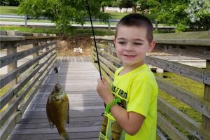 Young Hayden holding the fishing rod with his catch