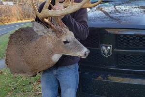 Deer hunter holding a trophy buck mount