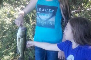 Young girl holding a bass with her younger sister touching it