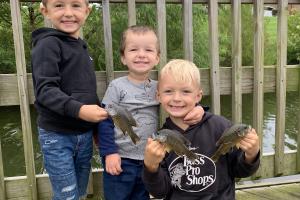 3 young brothers with 3 bluegill fish they caught