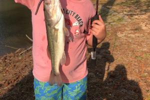 Boy angler holding largemouth bass