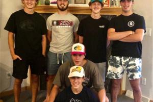 6 teen boys in Bass Pro hats
